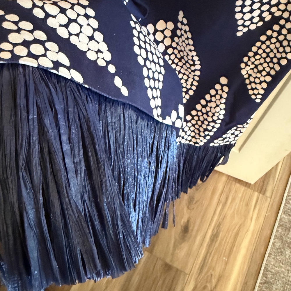 Johanna Ortiz Navy and White Printed Sleeveless Midi Dress with Fringe Hem - Picture 6 of 10